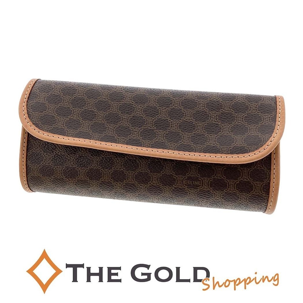 Celine Macadam Cosmetic Pouch All Over Horizontal Canvas Leather Flap Brown